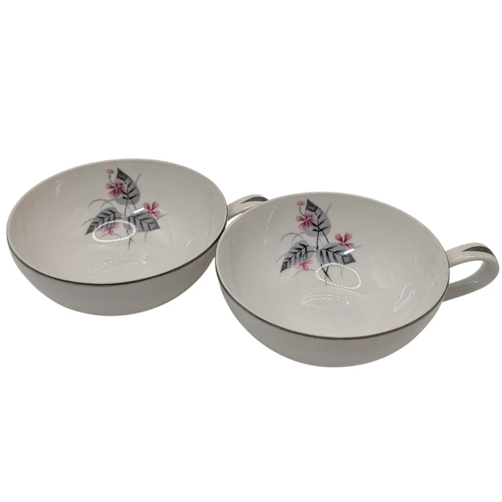 Vintage Narumi Teacups Lyric  Pink Gray Flower Bone China Mid Century Set of Two
